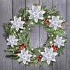 image24 Christmas Glitter Artificial Poinsettia Flowers Xmas Poinsettia Artificial Wedding Flowers Decorations Xmas Tree Ornaments with Clips for Party Favors 6 Inch 4 Inch 3 Inch Silver and BlueWhite