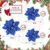 image24 Christmas Glitter Artificial Poinsettia Flowers Xmas Poinsettia Artificial Wedding Flowers Decorations Xmas Tree Ornaments with Clips for Party Favors 6 Inch 4 Inch 3 Inch Silver and BlueRoyal Blue