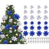 image24 Christmas Glitter Artificial Poinsettia Flowers Xmas Poinsettia Artificial Wedding Flowers Decorations Xmas Tree Ornaments with Clips for Party Favors 6 Inch 4 Inch 3 Inch Silver and BlueBlue and Sliver