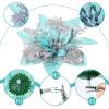 image24 Christmas Glitter Artificial Poinsettia Flowers Xmas Poinsettia Artificial Wedding Flowers Decorations Xmas Tree Ornaments with Clips for Party Favors 6 Inch 4 Inch 3 Inch Silver and BlueSilver and Green
