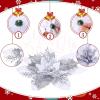 image24 Christmas Glitter Artificial Poinsettia Flowers Xmas Poinsettia Artificial Wedding Flowers Decorations Xmas Tree Ornaments with Clips for Party Favors 6 Inch 4 Inch 3 Inch Silver and BlueWhite