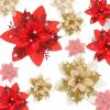 image24 Christmas Glitter Artificial Poinsettia Flowers Xmas Poinsettia Artificial Wedding Flowers Decorations Xmas Tree Ornaments with Clips for Party Favors 6 Inch 4 Inch 3 Inch Silver and BlueGold and Red