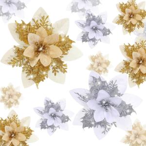 image24 Christmas Glitter Artificial Poinsettia Flowers Xmas Poinsettia Artificial Wedding Flowers Decorations Xmas Tree Ornaments with Clips for Party Favors 6 Inch 4 Inch 3 Inch Silver and BlueGold and Sliver