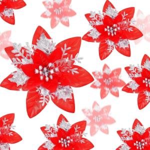 image24 Christmas Glitter Artificial Poinsettia Flowers Xmas Poinsettia Artificial Wedding Flowers Decorations Xmas Tree Ornaments with Clips for Party Favors 6 Inch 4 Inch 3 Inch Silver and BlueRed and Silver
