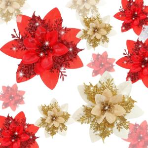 image24 Christmas Glitter Artificial Poinsettia Flowers Xmas Poinsettia Artificial Wedding Flowers Decorations Xmas Tree Ornaments with Clips for Party Favors 6 Inch 4 Inch 3 Inch Silver and BlueGold and Red