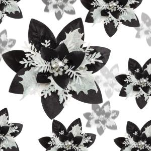 image24 Christmas Glitter Artificial Poinsettia Flowers Xmas Poinsettia Artificial Wedding Flowers Decorations Xmas Tree Ornaments with Clips for Party Favors 6 Inch 4 Inch 3 Inch Silver and BlueBlack White  Gold