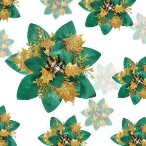 image24 Christmas Glitter Artificial Poinsettia Flowers Xmas Poinsettia Artificial Wedding Flowers Decorations Xmas Tree Ornaments with Clips for Party Favors 6 Inch 4 Inch 3 Inch Silver and BlueGreen  Gold