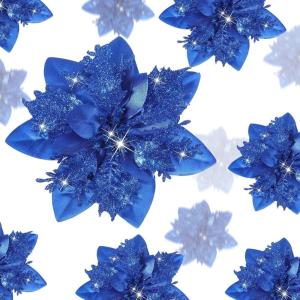 image24 Christmas Glitter Artificial Poinsettia Flowers Xmas Poinsettia Artificial Wedding Flowers Decorations Xmas Tree Ornaments with Clips for Party Favors 6 Inch 4 Inch 3 Inch Silver and BlueRoyal Blue