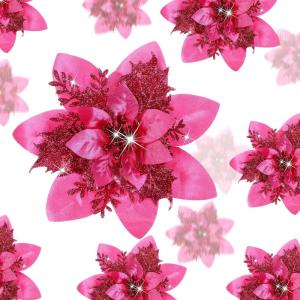 image24 Christmas Glitter Artificial Poinsettia Flowers Xmas Poinsettia Artificial Wedding Flowers Decorations Xmas Tree Ornaments with Clips for Party Favors 6 Inch 4 Inch 3 Inch Silver and BlueFuchsia