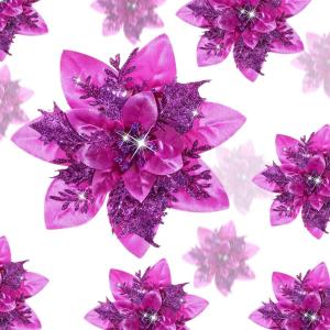 image24 Christmas Glitter Artificial Poinsettia Flowers Xmas Poinsettia Artificial Wedding Flowers Decorations Xmas Tree Ornaments with Clips for Party Favors 6 Inch 4 Inch 3 Inch Silver and BlueDark Purple