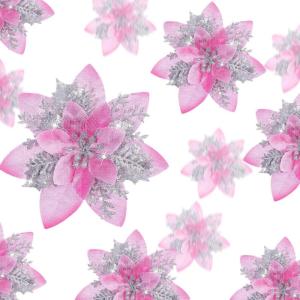 image24 Christmas Glitter Artificial Poinsettia Flowers Xmas Poinsettia Artificial Wedding Flowers Decorations Xmas Tree Ornaments with Clips for Party Favors 6 Inch 4 Inch 3 Inch Silver and BluePink and Silver