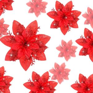 image24 Christmas Glitter Artificial Poinsettia Flowers Xmas Poinsettia Artificial Wedding Flowers Decorations Xmas Tree Ornaments with Clips for Party Favors 6 Inch 4 Inch 3 Inch Silver and BlueRed