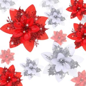 image24 Christmas Glitter Artificial Poinsettia Flowers Xmas Poinsettia Artificial Wedding Flowers Decorations Xmas Tree Ornaments with Clips for Party Favors 6 Inch 4 Inch 3 Inch Silver and BlueRed and Sliver