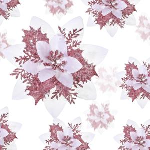 image24 Christmas Glitter Artificial Poinsettia Flowers Xmas Poinsettia Artificial Wedding Flowers Decorations Xmas Tree Ornaments with Clips for Party Favors 6 Inch 4 Inch 3 Inch Silver and BlueWhite Pink