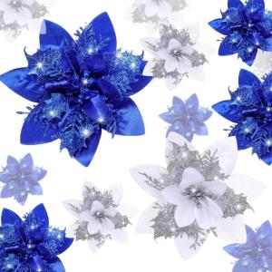 image24 Christmas Glitter Artificial Poinsettia Flowers Xmas Poinsettia Artificial Wedding Flowers Decorations Xmas Tree Ornaments with Clips for Party Favors 6 Inch 4 Inch 3 Inch Silver and BlueBlue and Sliver