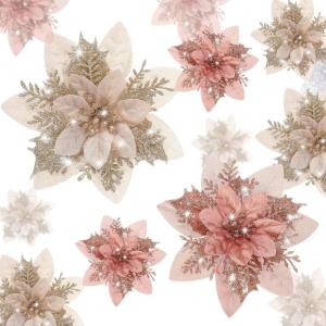 image24 Christmas Glitter Artificial Poinsettia Flowers Xmas Poinsettia Artificial Wedding Flowers Decorations Xmas Tree Ornaments with Clips for Party Favors 6 Inch 4 Inch 3 Inch Silver and BlueGold and Rose Gold