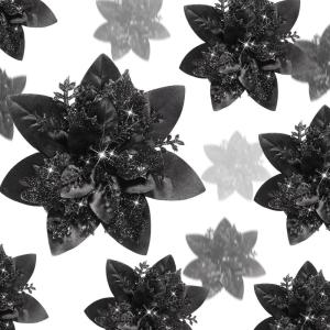 image24 Christmas Glitter Artificial Poinsettia Flowers Xmas Poinsettia Artificial Wedding Flowers Decorations Xmas Tree Ornaments with Clips for Party Favors 6 Inch 4 Inch 3 Inch Silver and BlueBlack