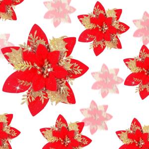 imageGeosar 36 Pcs Christmas Glitter Artificial Poinsettia Flowers Xmas Poinsettia Artificial Wedding Flowers Decorations Xmas Tree Ornaments with Clips for Party 6 Inch 4 Inch 3 InchRose GoldRed and Gold
