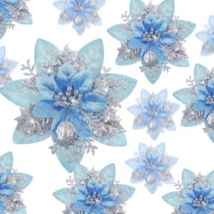 imageGeosar 36 Pcs Christmas Glitter Artificial Poinsettia Flowers Xmas Poinsettia Artificial Wedding Flowers Decorations Xmas Tree Ornaments with Clips for Party 6 Inch 4 Inch 3 InchRose GoldSilver and Blue