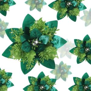 imageGeosar 36 Pcs Christmas Glitter Artificial Poinsettia Flowers Xmas Poinsettia Artificial Wedding Flowers Decorations Xmas Tree Ornaments with Clips for Party 6 Inch 4 Inch 3 InchRose GoldGrass Green