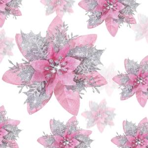 imageGeosar 36 Pcs Christmas Glitter Artificial Poinsettia Flowers Xmas Poinsettia Artificial Wedding Flowers Decorations Xmas Tree Ornaments with Clips for Party 6 Inch 4 Inch 3 InchRose GoldPeach Pink  Silver