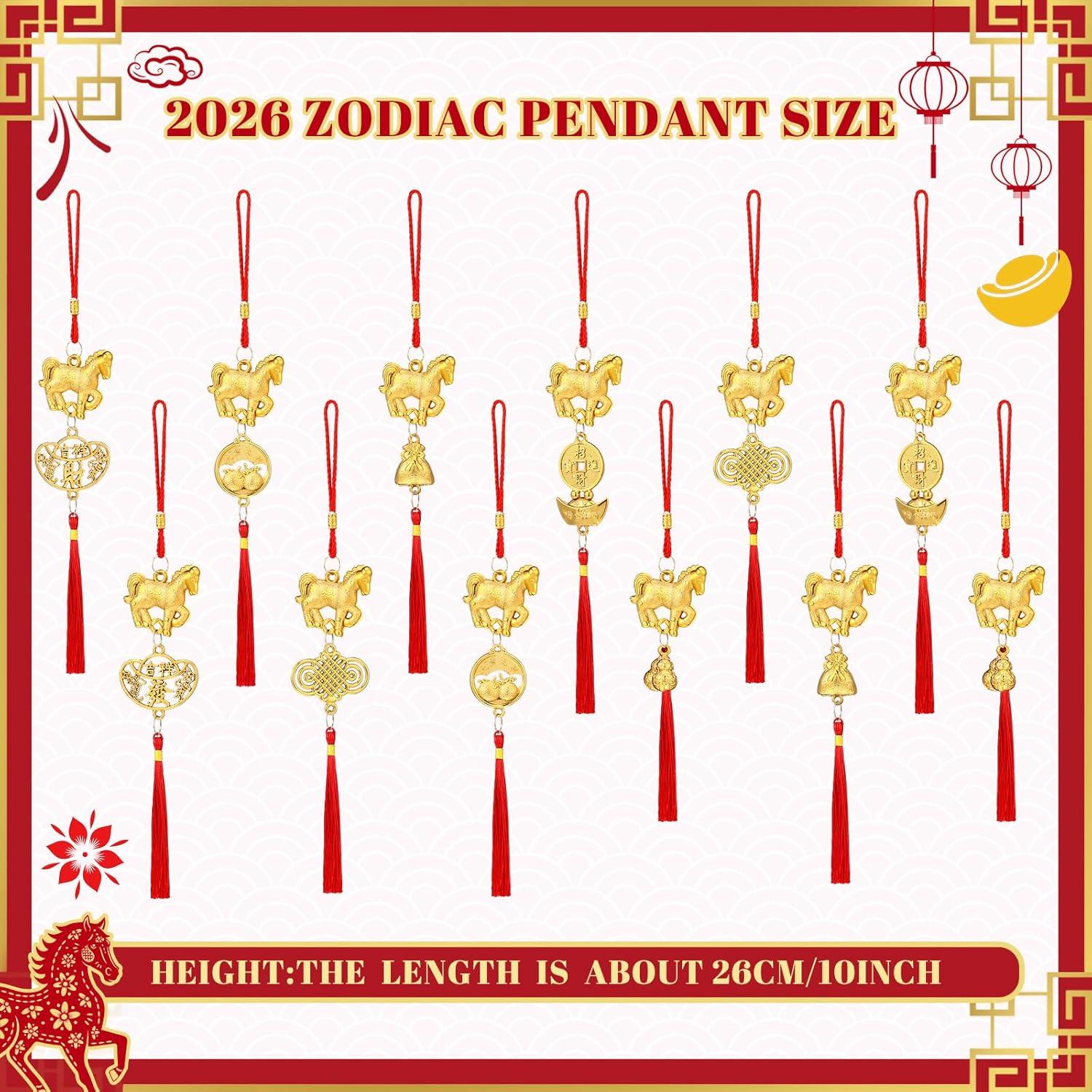 imageGeosar 12 Pcs Chinese New Year Decorations 2026 Horse Feng Shui Lucky Charms with Red Tassels ampamp Chinese Coins Knots Lunar New Year Ornaments for Wealth ampamp Good Luck Horse Copper Coins12