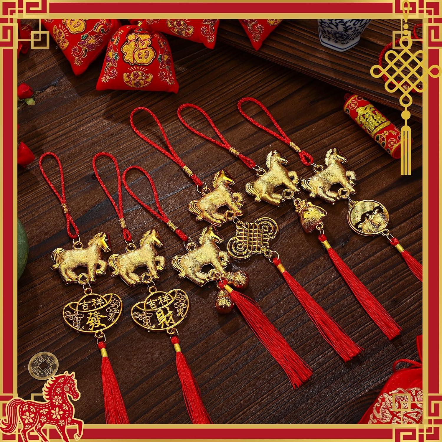imageGeosar 12 Pcs Chinese New Year Decorations 2026 Horse Feng Shui Lucky Charms with Red Tassels ampamp Chinese Coins Knots Lunar New Year Ornaments for Wealth ampamp Good Luck Horse Copper Coins12
