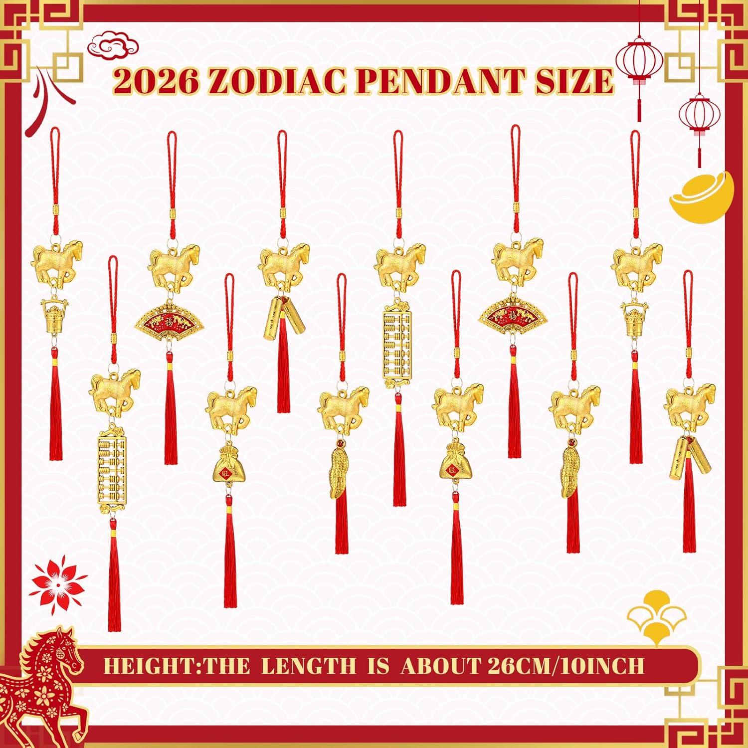 imageGeosar 12 Pcs Chinese New Year Decorations 2026 Horse Feng Shui Lucky Charms with Red Tassels ampamp Chinese Coins Knots Lunar New Year Ornaments for Wealth ampamp Good Luck Horse Copper Coins12