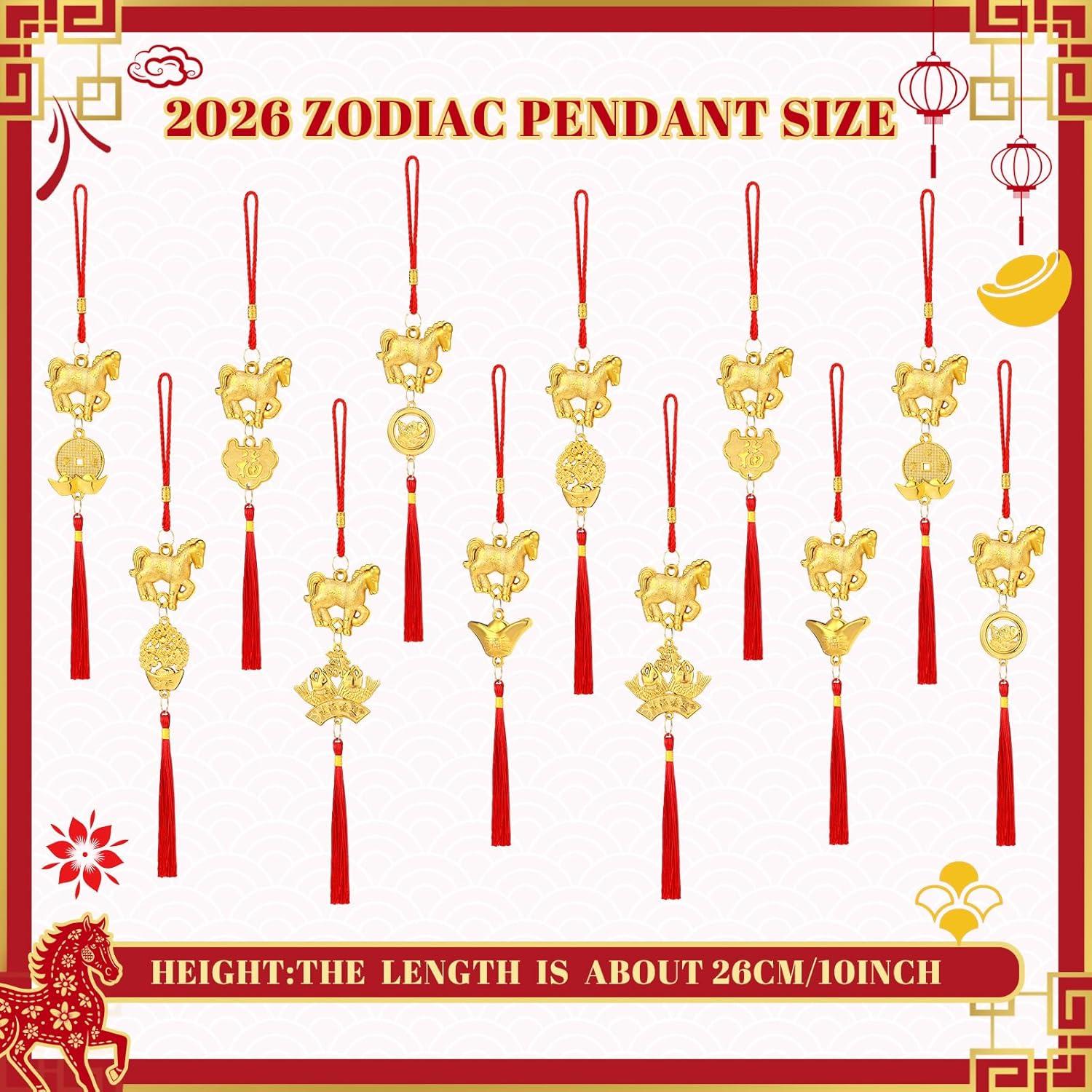 imageGeosar 12 Pcs Chinese New Year Decorations 2026 Horse Feng Shui Lucky Charms with Red Tassels ampamp Chinese Coins Knots Lunar New Year Ornaments for Wealth ampamp Good Luck Horse Copper Coins12