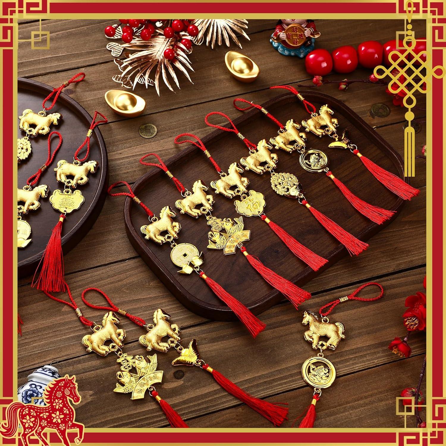 imageGeosar 12 Pcs Chinese New Year Decorations 2026 Horse Feng Shui Lucky Charms with Red Tassels ampamp Chinese Coins Knots Lunar New Year Ornaments for Wealth ampamp Good Luck Horse Copper Coins12