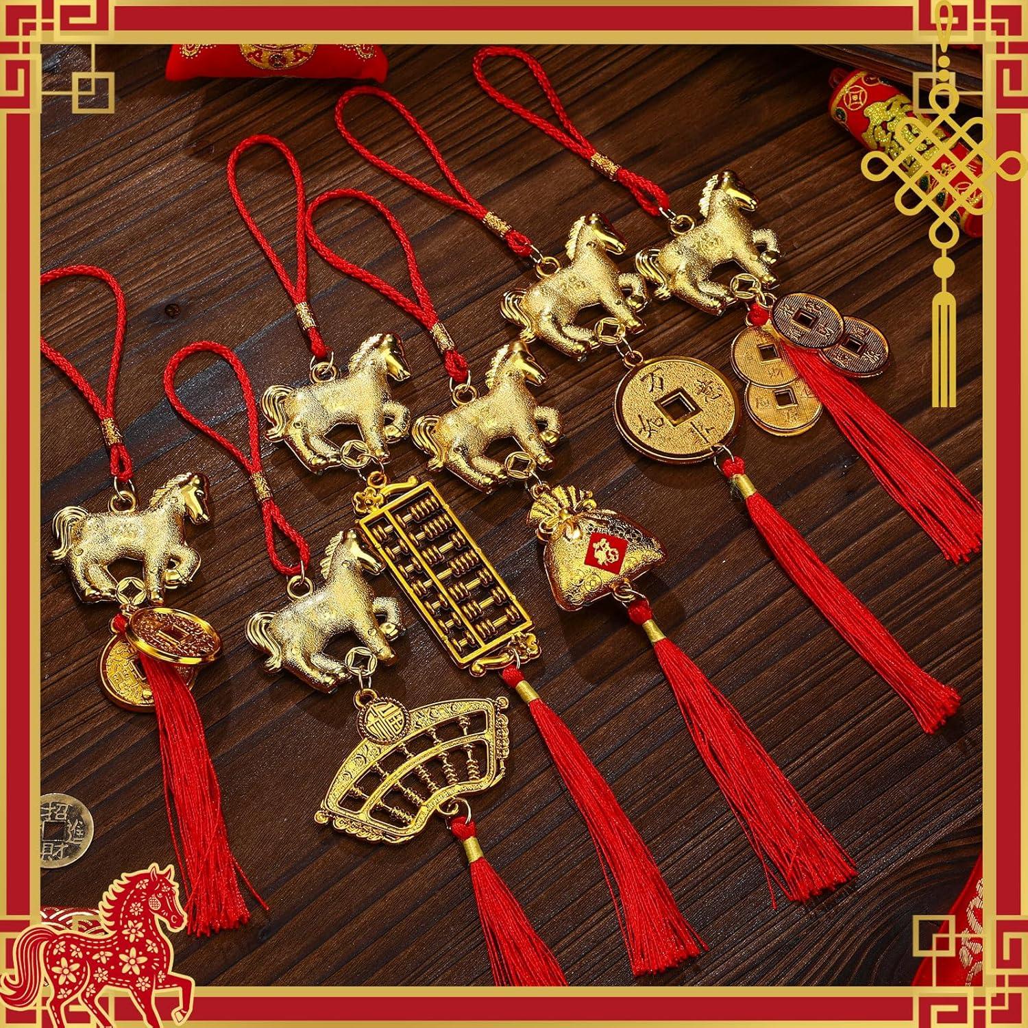 imageGeosar 12 Pcs Chinese New Year Decorations 2026 Horse Feng Shui Lucky Charms with Red Tassels ampamp Chinese Coins Knots Lunar New Year Ornaments for Wealth ampamp Good Luck Horse Copper Coins12