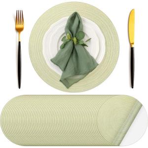 image:imageGeosar 100 Pcs Disposable Paper Placemats Cotton Woven Look 13 Round Placemats Rustic Disposable Table Pads Bulk for Dining Table Decoration Birthday Wedding Bridal Baby Shower Party Dusty BlueLight Green