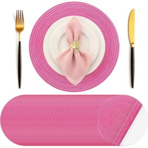 image:imageGeosar 100 Pcs Disposable Paper Placemats Cotton Woven Look 13 Round Placemats Rustic Disposable Table Pads Bulk for Dining Table Decoration Birthday Wedding Bridal Baby Shower Party Dusty BluePink