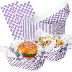 image:imageGeosar 100 Pcs Gingham Party Supply Disposable Paper Food Tray Bulk Disposable Food Boat with Checkered Wax Paper Sheet Checkered Wrapping Supply for Carnival Picnic Birthday Party Purple WhitePurple White