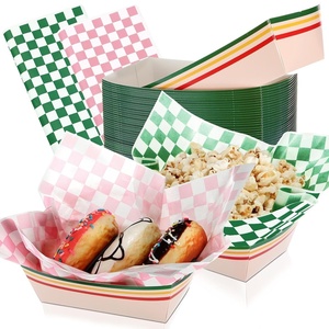 image:imageGeosar 100 Pcs Gingham Party Supply Disposable Paper Food Tray Bulk Disposable Food Boat with Checkered Wax Paper Sheet Checkered Wrapping Supply for Carnival Picnic Birthday Party Pink GreenPink Green
