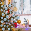 image:imageGeosar 24 Pieces Happy New Year Glitter Poinsettia Flowers Layered Artificial Flowers Wedding New Year Tree Ornaments 346 InchRose GoldBlue