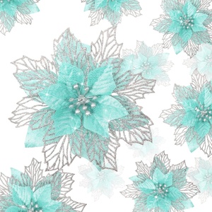 image:imageGeosar 24 Pieces Happy New Year Glitter Poinsettia Flowers Layered Artificial Flowers Wedding New Year Tree Ornaments 346 InchRose GoldLight Green