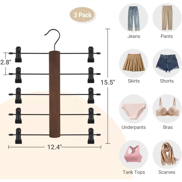 Mkono 3 Pack Pants Hangers Space Saving 5 Tier Skirt Hanger with Adjustable Clips Wood Rubber Coated Clips Clothes Hanger for Shorts Trouser Jeans Organize 360 Swivel Multiple Closet Storage HangerBrown