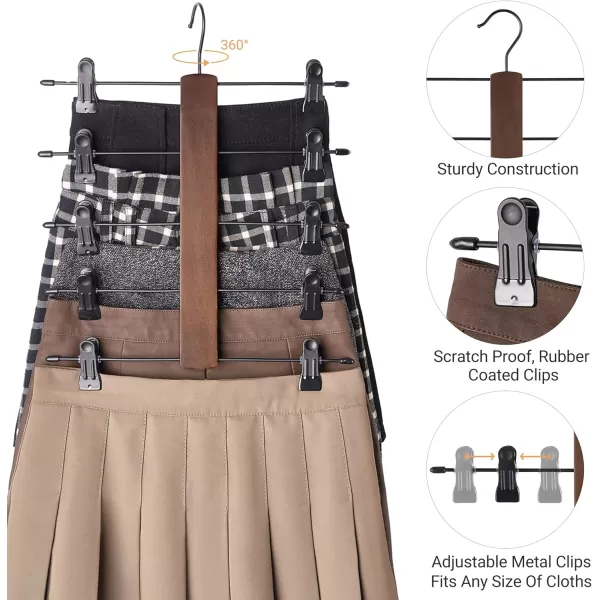 Mkono 3 Pack Pants Hangers Space Saving 5 Tier Skirt Hanger with Adjustable Clips Wood Rubber Coated Clips Clothes Hanger for Shorts Trouser Jeans Organize 360 Swivel Multiple Closet Storage HangerBrown