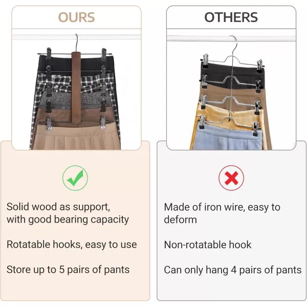 Mkono 3 Pack Pants Hangers Space Saving 5 Tier Skirt Hanger with Adjustable Clips Wood Rubber Coated Clips Clothes Hanger for Shorts Trouser Jeans Organize 360 Swivel Multiple Closet Storage HangerBrown