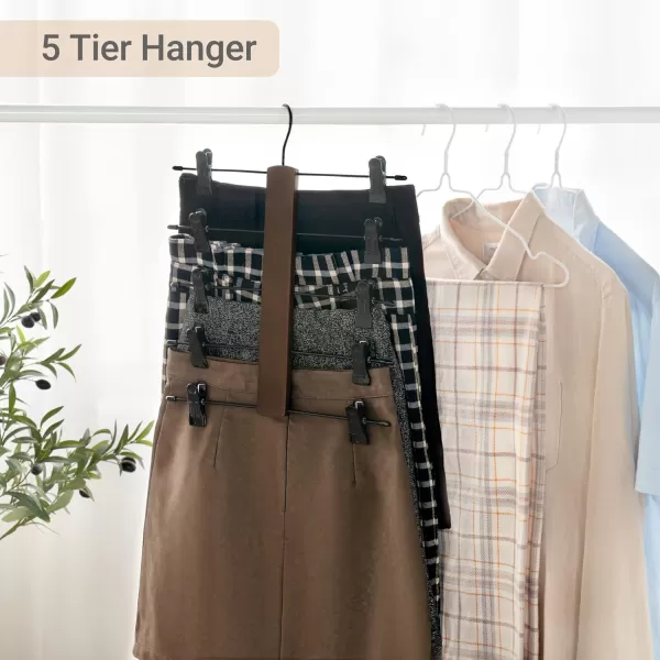 Mkono 3 Pack Pants Hangers Space Saving 5 Tier Skirt Hanger with Adjustable Clips Wood Rubber Coated Clips Clothes Hanger for Shorts Trouser Jeans Organize 360 Swivel Multiple Closet Storage HangerBrown