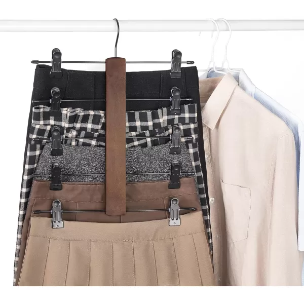 Mkono 3 Pack Pants Hangers Space Saving 5 Tier Skirt Hanger with Adjustable Clips Wood Rubber Coated Clips Clothes Hanger for Shorts Trouser Jeans Organize 360 Swivel Multiple Closet Storage HangerBrown