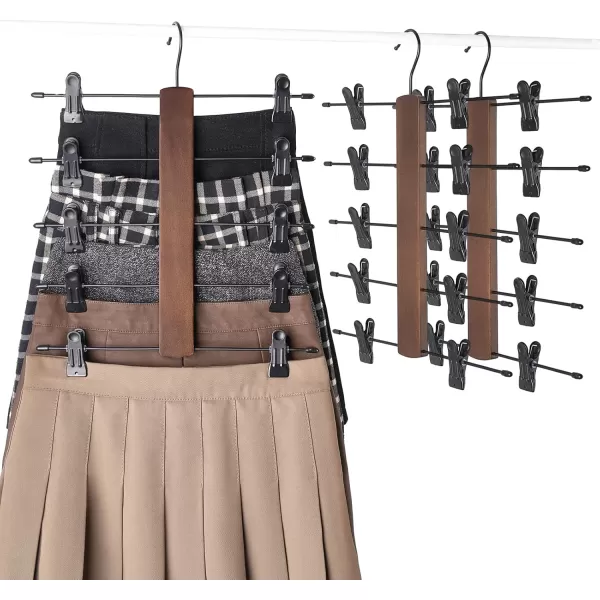 Mkono 3 Pack Pants Hangers Space Saving 5 Tier Skirt Hanger with Adjustable Clips Wood Rubber Coated Clips Clothes Hanger for Shorts Trouser Jeans Organize 360 Swivel Multiple Closet Storage HangerBrown