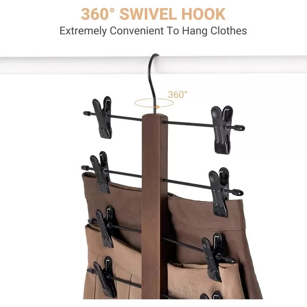 Mkono 3 Pack Pants Hangers Space Saving 5 Tier Skirt Hanger with Adjustable Clips Wood Rubber Coated Clips Clothes Hanger for Shorts Trouser Jeans Organize 360 Swivel Multiple Closet Storage HangerBrown
