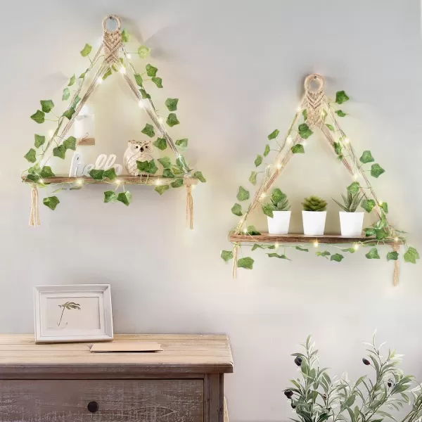 Mkono Artificial Ivy Macrame Hanging Shelves with Lights Set of 2 Boho Wall Decor Display Plants Photos Wood Floating Storage Shelf for Bedroom Bathroom Living Room Nursery Dorm Kitchen WhiteBrown