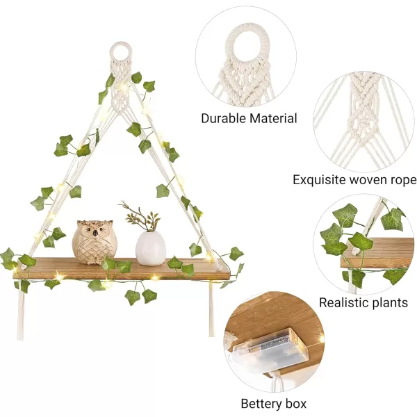 Mkono Artificial Ivy Macrame Hanging Shelves with Lights Set of 2 Boho Wall Decor Display Plants Photos Wood Floating Storage Shelf for Bedroom Bathroom Living Room Nursery Dorm Kitchen WhiteIvory