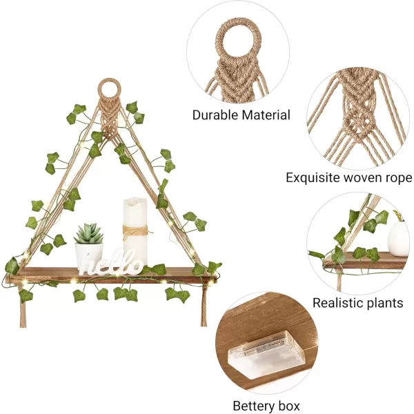 Mkono Artificial Ivy Macrame Hanging Shelves with Lights Set of 2 Boho Wall Decor Display Plants Photos Wood Floating Storage Shelf for Bedroom Bathroom Living Room Nursery Dorm Kitchen WhiteBrown