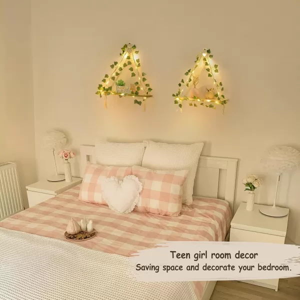 Mkono Artificial Ivy Macrame Hanging Shelves with Lights Set of 2 Boho Wall Decor Display Plants Photos Wood Floating Storage Shelf for Bedroom Bathroom Living Room Nursery Dorm Kitchen WhiteIvory