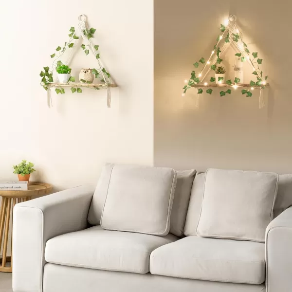 Mkono Artificial Ivy Macrame Hanging Shelves with Lights Set of 2 Boho Wall Decor Display Plants Photos Wood Floating Storage Shelf for Bedroom Bathroom Living Room Nursery Dorm Kitchen WhiteIvory