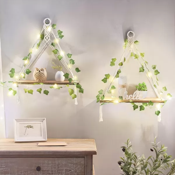 Mkono Artificial Ivy Macrame Hanging Shelves with Lights Set of 2 Boho Wall Decor Display Plants Photos Wood Floating Storage Shelf for Bedroom Bathroom Living Room Nursery Dorm Kitchen WhiteIvory